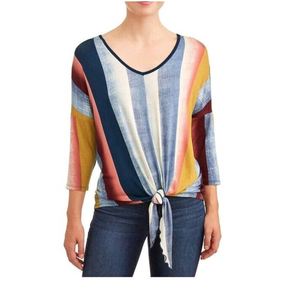 Trueself Women's 1X Multicolored Striped Tie Front Blouse Half Sleeve Colorblock